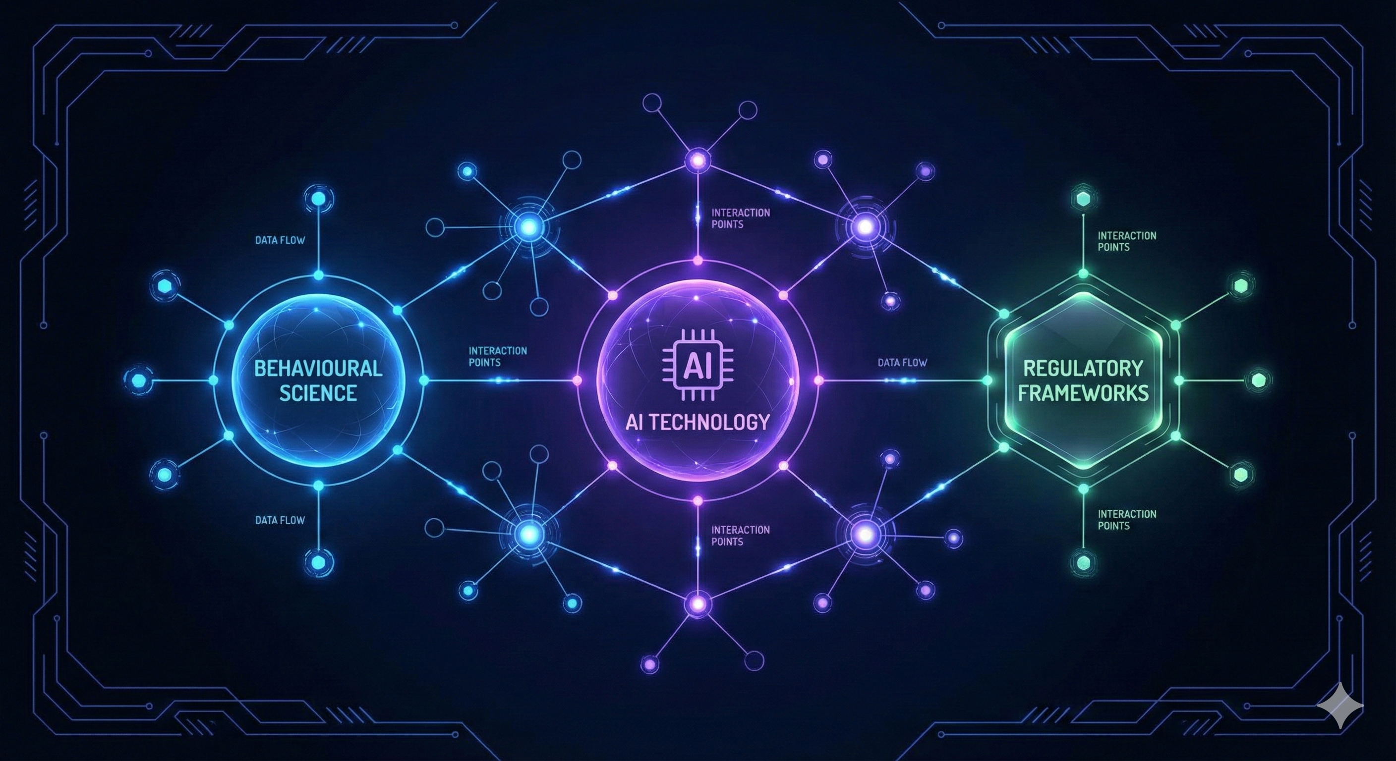 Network diagram showing interconnected nodes representing research areas: behavioural science, AI technology, and regulatory frameworks