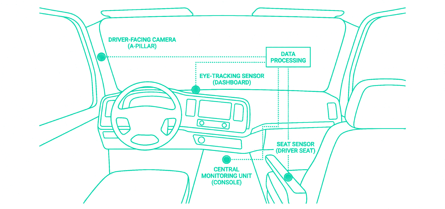 Minimalist diagram of a truck cab interior showing sensor placement locations for fatigue detection cameras and monitoring equipment